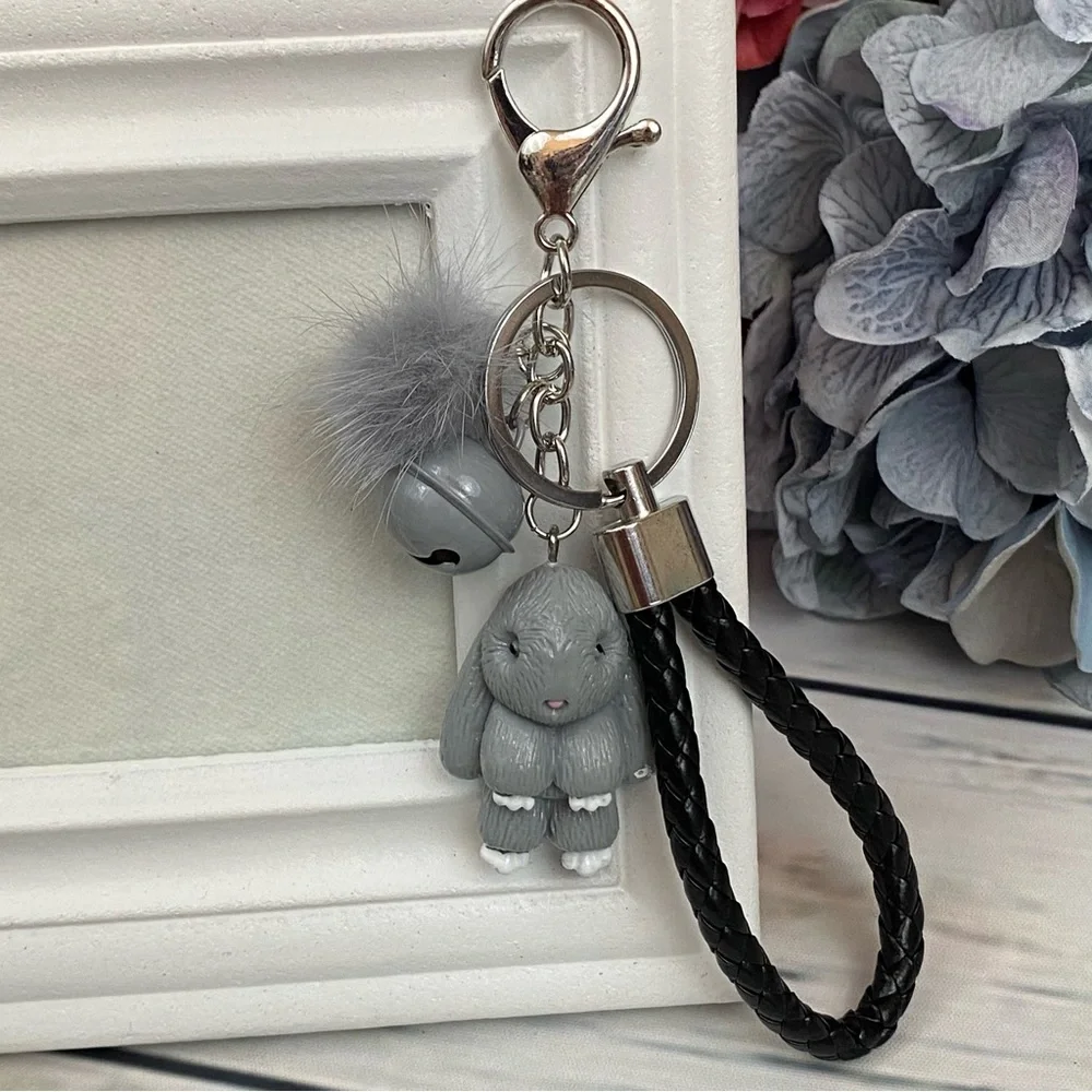 Gray Bunny Charm Keychain with Wristlet Strap - Picture 3 of 13